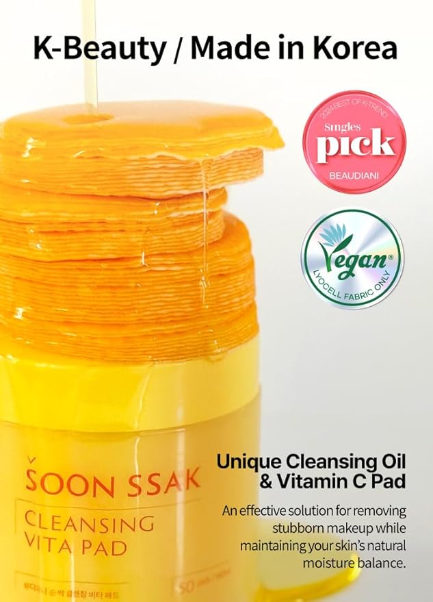 BEAUDIANI Soonssak Vitamin C Cleansing Pads, 50 Count – One-Swipe Makeup Remover, Low-pH 5.3, Embossed Exfoliating Wipes, Hydrating Lyocell, No-Rinse, Sensitive Skin, Korean Skincare