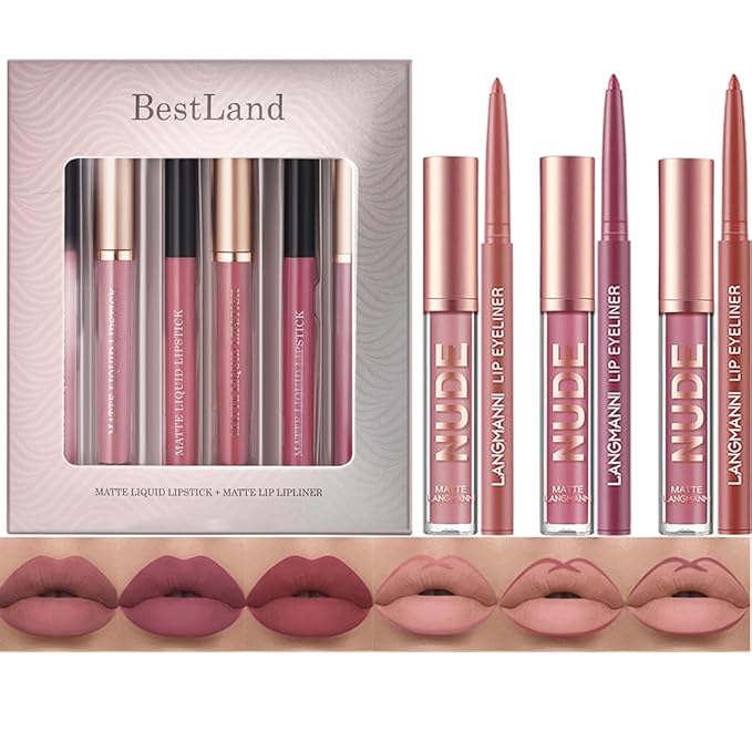 BestLand 6Pcs Matte Liquid Lipstick + Lip Liner Pens Set, One Step Lips Makeup Kits Pigment Velvety Nude Lip Stain Waterproof Long Wear Lip Gloss Make up Gift Set (Classic Allure Set)