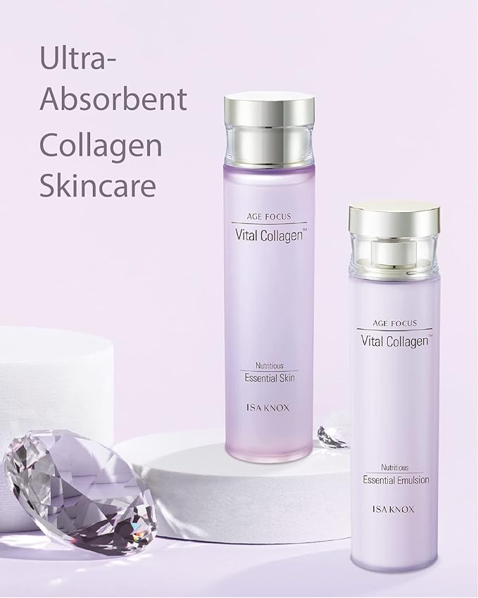 ISA KNOX AGE FOCUS VITAL COLLAGEN SKINCARE GIFT SET (370ml / 12.51 Fl Oz) - Korean Luxury Premium High-end Skin Toner, Emulsion Lotion, Cream by LG BEAUTY. Hydrolyzed Collagen,