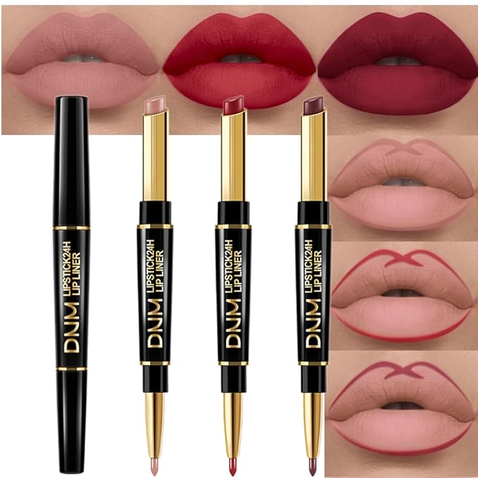 3Pcs Seductive Red, Nude Pink, Oxblood Red Matte Lip Liner & Lipstick Set – Double-Ended 2-in-1 Lip Liner and Matte Lipstick Combo, 24-Hour Wear, Smudge-Proof, Non-Drying, Lightweight, lapiz de labios