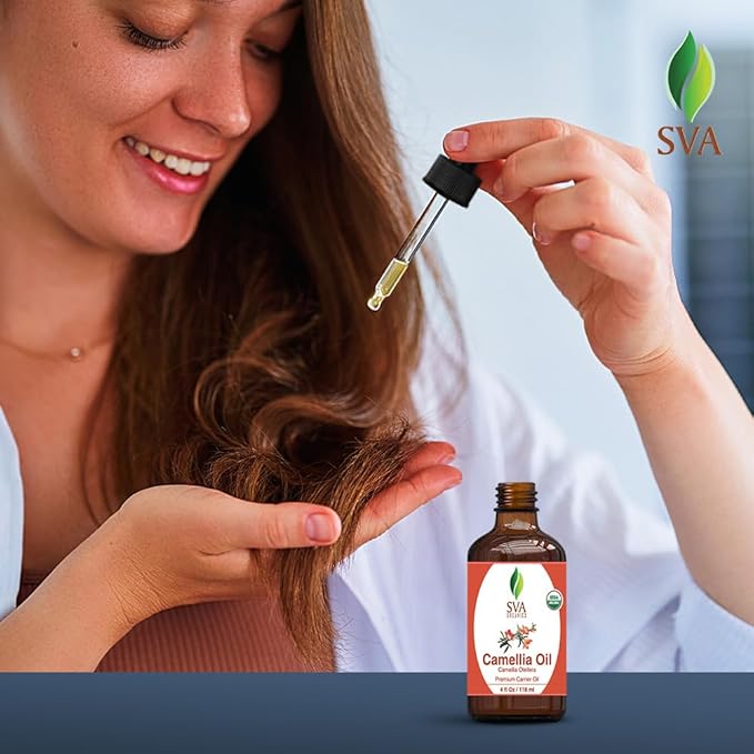 SVA Camellia Seed Oil Organic - 4 Fl Oz – 100% Natural Cold Pressed Organic Camellia Oil - for Face, Skin Care, Hair Care, Scalp Massage & Body Massage – Carrier Oil with Dropper