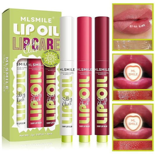 3 Colors Fat Lip Oil Click Slick,Press Lipstick Set, moisturizing and nourishing long-lasting lipstick, non-sticky high-pigment glossy lip oil, lightweight and shiny coconut oil lip plumper (Set -A)