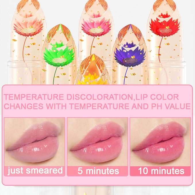 BINGBRUSH Crystal Flower Jelly Color Changing Lipstick,Long Lasting Lip Care Moisturizer Lip Balm Magic Color Change Lip Gloss Lip Tint Stain Matte Makeup Lipstick (01#Pink flower)