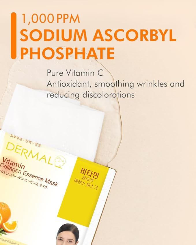 Dermal Korea Collagen Essence Full Face Facial Mask Sheet - Vitamin pack of 10