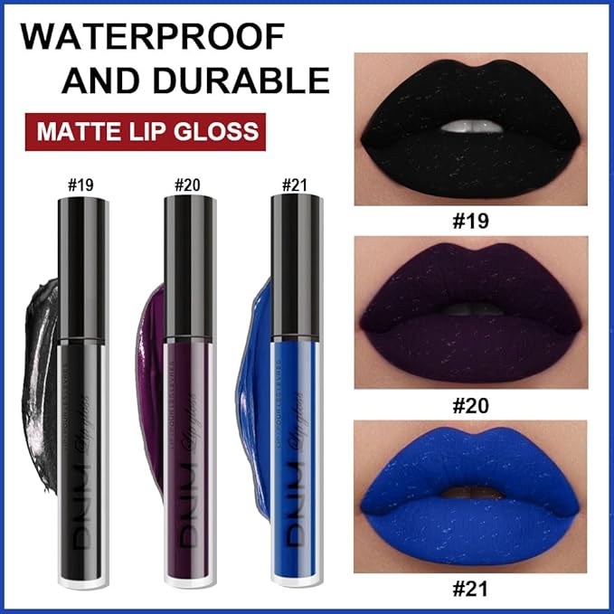 AMY'S DIARY 3Pcs Matte Liquid Lipstick Sets, Blue Dark Black Purple Matte Lipstick Lip Stain Long Lasting 24 Waterproof Lip Gloss Gift Set for Women Lippies (07)