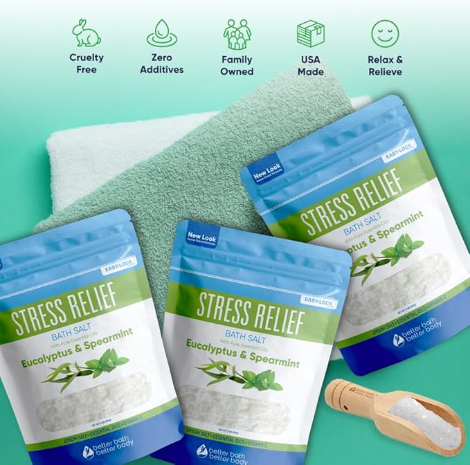 Stress Relief Bath Salt (3 Pack Plus Scoop) Epsom Salt Relaxing Bath with Eucalyptus and Spearmint Essential Oils Plus Vitamin C Crystals in BPA Free Pouch Made in USA 2 lbs Pouches 6 Lbs Total