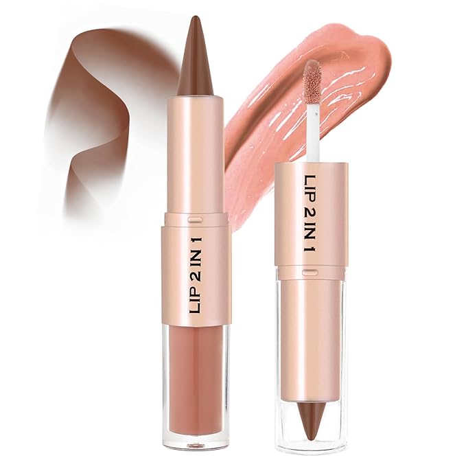 2-in-1 Dual-Ended Lip Liner Lipstick & Gloss Set, Lip Combo with Mirror Effect, Smooth Matte Lip Liner and Moisturizing Lightweight Lip Plumping set for Women, 06 Nude