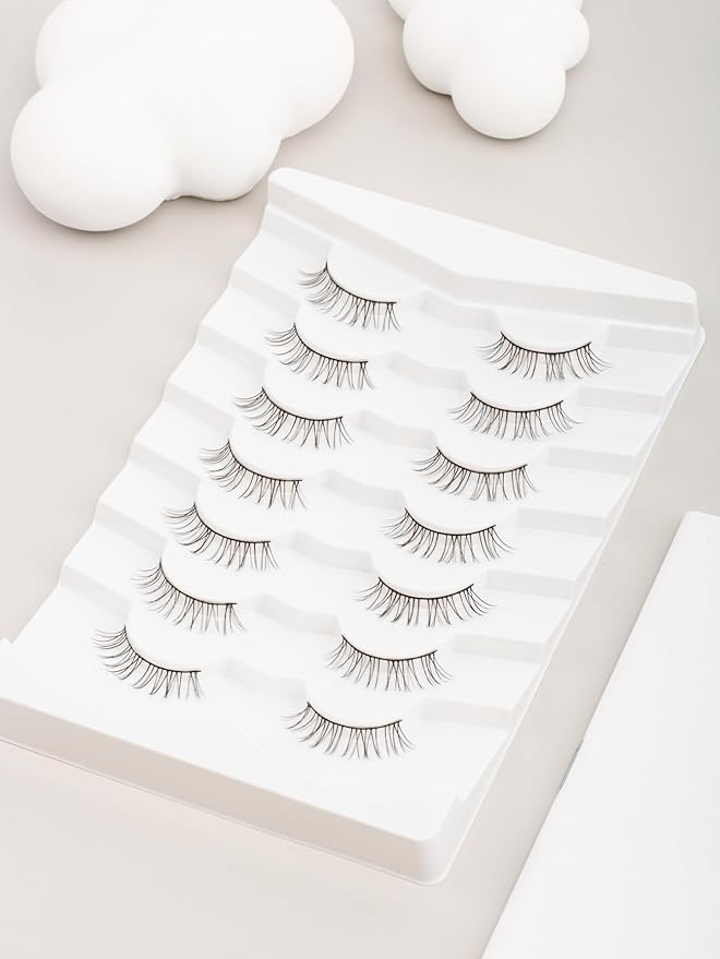Natural Eyelashes False Lashes for Small Eyes 10Mm Short Eyelashes C Curl Strip Lashes Wispy Eye Lash Pack with Thin Cotton Band 7 Pair Siligli