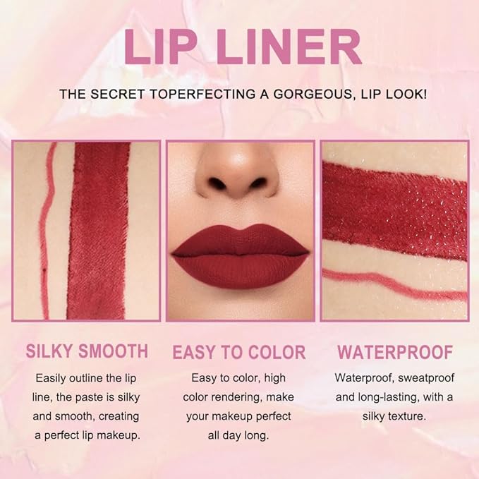 2-in-1 Dark Burgundy Wine Red Matte Lip Liner and Lipstick Set – Long Lasting 24H Waterproof Red Lip Stain, Smudge Proof Lip Pencil Kit, Lip Makeup for Women and Girls, 09 Combo lapiz de labios
