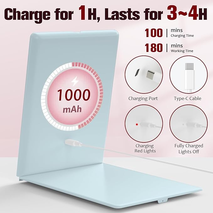 Travel Makeup Mirror with Light, Rechargeable Portable Folding Compact Mirror Set with Tweezer, Lighted Makeup Mirrors with 72 LED 3 Color Light Modes, Dimmable Touch Screen LED Mirrors-Cyan