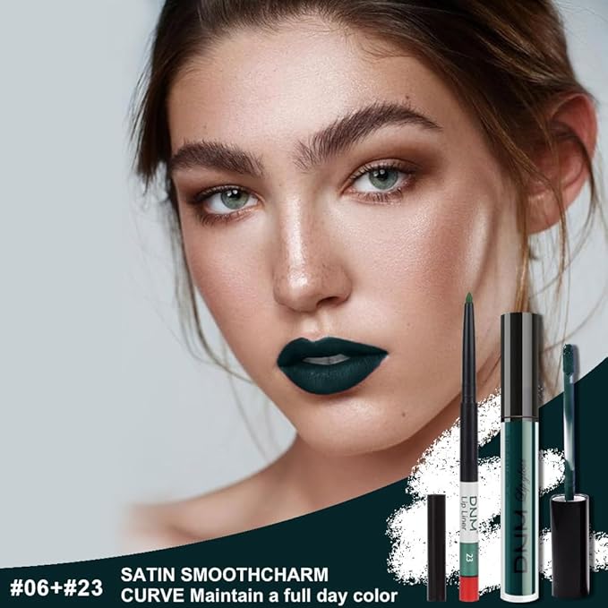 AMY'S DIARY 2Pcs Dark Green Matte Lip Liner and Lipstick Makeup Set, Green Lip Stain Lip Gloss Matt Liquid Lipstick 24H Long Lasting lapiz labiales mate 24 horas originales larga duracion