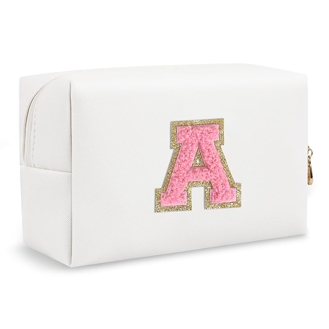 Personalized Makeup Bag Initial A-Z Preppy Patch Bag,Small PU Leather Travel Cosmetic Bag Pouch with Zipper,White Cute Toiletry Bag,Gift Ideal for Teen Girls Women Birthday Friend Mom,Letter A