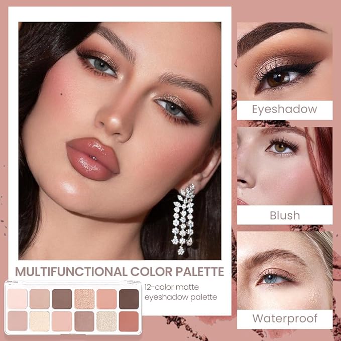 AMY'S DIARY 12 Colors Nude Eyeshadow Palette – Matte & Shimmer Natural Warm Tones for Everyday Makeup – Long-Lasting Blendable Soft Pigment Eye Shadow Set for Brown Eyes