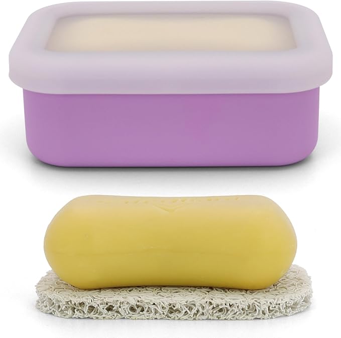 Enhanced Leak Proof Soap Container, Compact Silicone Travel Soap Holder with Drainage Pad, Shampoo Bar Case for Travel, Camping, Gym and Dormitory (Purple)