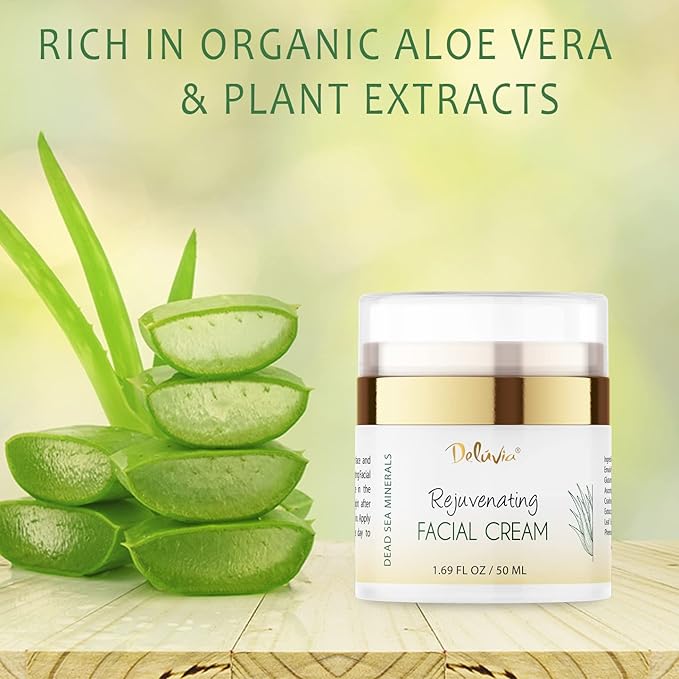 Deluvia Rejuvenating Facial Cream | Organic Aloe Vera, Coconut Oil, Vitamin C + E | Dead Sea Minerals | Daily Face Lotion for Dry Skin, Sensitive Skin