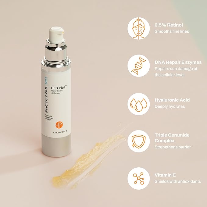 Photozyme DNA Repair Enzymes GFS Plus Facial Night Serum | 0.5% Retinol for Aging Skin, Beauty Skincare Treatment for Fine Lines, Wrinkles, Acne Scars | UV Dark Spot Corrector, Non Irritating | 1.7