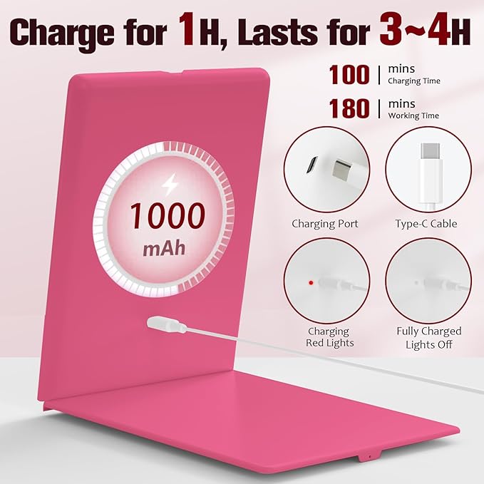 Travel Makeup Mirror with Light, Rechargeable Portable Folding Compact Mirror Set with Tweezer, Lighted Makeup Mirrors with 72 LED 3 Color Light Modes, Dimmable Touch Screen LED Mirrors-Rosy