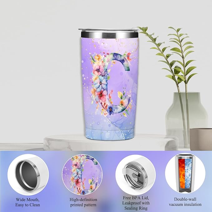 Personalized Gifts Monogrammed Birthday Gifts for Women, Cowerker Wife Sister Wedding Christmas Initial 20 oz Tumbler, Makeup Bag Cup Ballpoint Pens Journal Notebook 6 Set, (Aesthetic Purple Flower C)