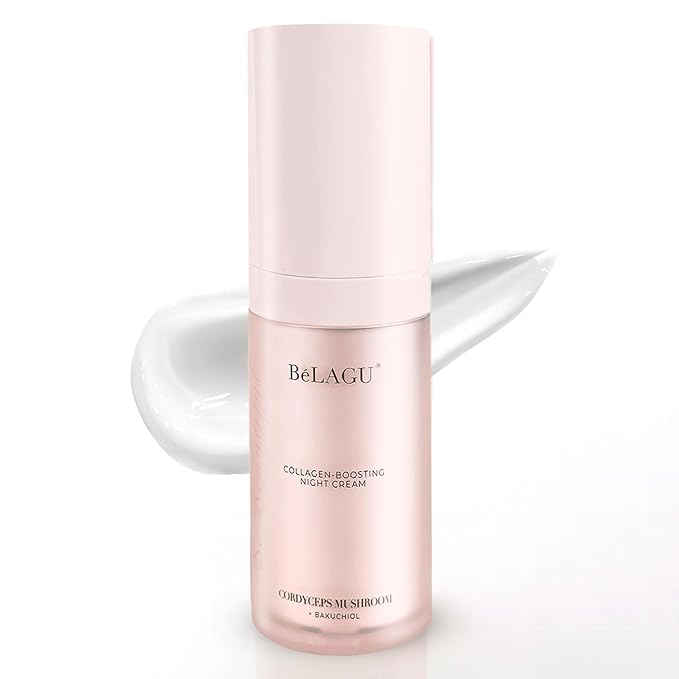 BeLagu Collagen Boosting Night Cream with Bakuchiol & Adaptogenic Mushrooms - Natural Retinol Alternative Moisturizer for Firming, Smoothing & Stress Defense - Vegan Skincare Face Cream (1 fl oz)