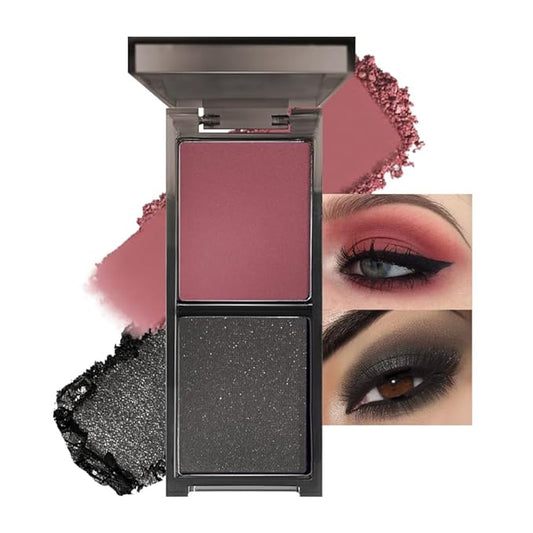 Wine Red Black Two Color Matte Shimmer Eyeshadow,Bright Eye Shadow Powder,Professional Long-Lasting Waterproof Makeup Palette,Easy-To-Apply and Compact for Travel
