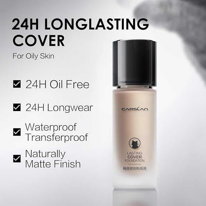 Lasting Cover Foundation, 24H Longlasting Full Coverage Matte Finish Face Makeup, Poreless, Lightweight, Waterproof, Oil Free Liquid Foundation, M01