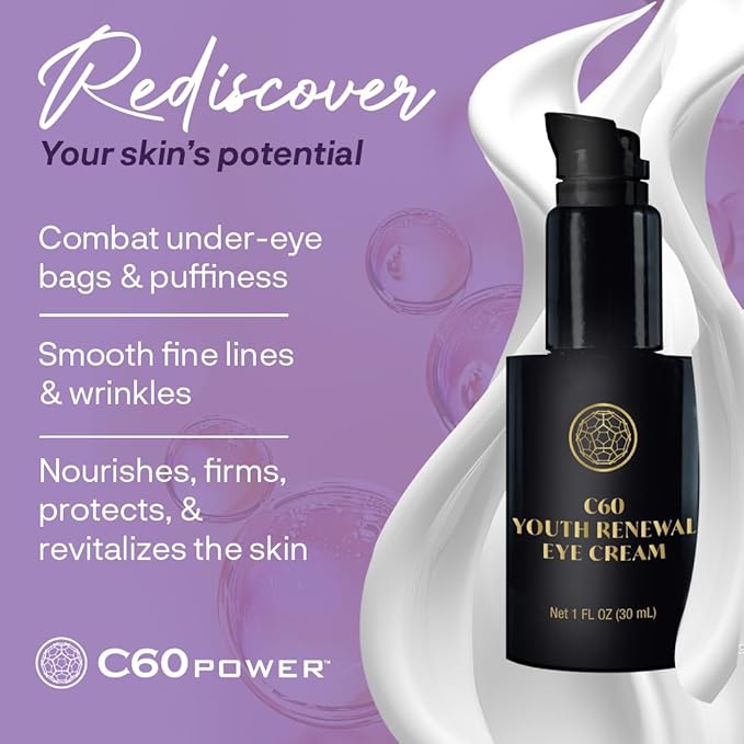C60 Power Youth Renewal Eye Cream - Eye Cream for Wrinkles & Puffiness, Anti Aging Skin Care for Women & Men, With 99.99% Pure Sublimated C60, Copper Peptides, & High-Quality Ingredients - 1 fl oz
