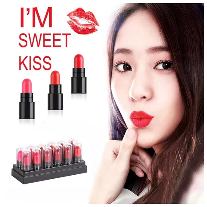12Pcs Capsule Pills Lipstick Packs - Matte, Metallic, Jelly Magic Lipstick Set for Women - Strawberry Mint Apple Flavor - Long-Lasting, Non-Stick Cup, Waterproof