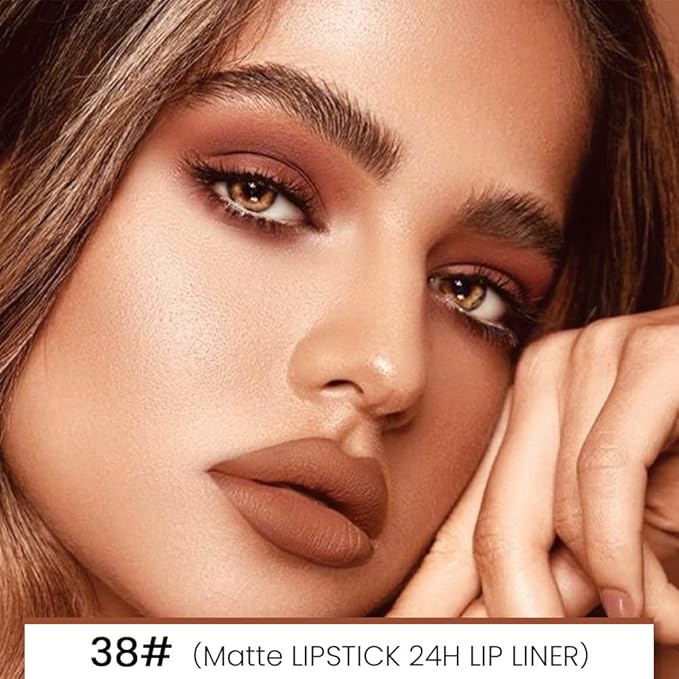 2-in-1Brown Velvet Lip Liner & Lipstick Set Kit for Women, Matte Lips Kit with Lip Liner Lip Stains Long Lasting Waterproof 24 Hour Lipstick and Lip Liners Combo Lipliners Pencil Set 38