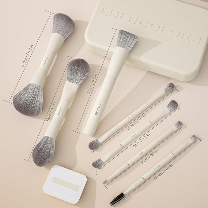 LULUCOLORS-Dual-Ended Makeup Brush Set with Sponge & Travel Case-13 Kinds of Multi-Functional Brushes for Face & Eyes – Soft Bristles, Easy Travel Brush Set (Cream White)