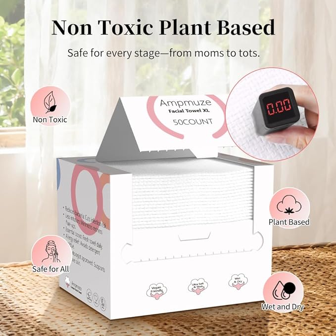 Disposable Face Towels, 10"×12" Face Towel, Towelettes XL, Ultra Soft & Thick Makeup Remover Dry Wipes for Sensitive Skin, Chemical Free 50 Count (1 Pack)