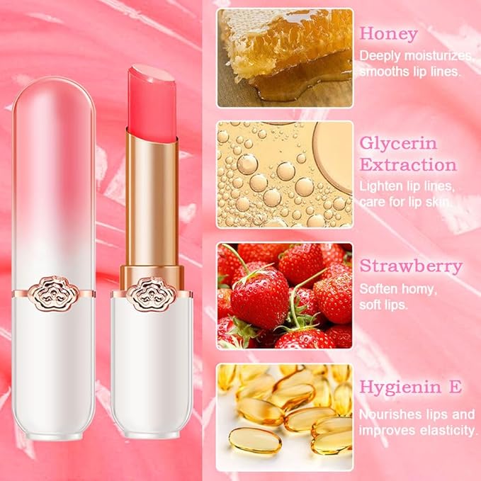 BINGBRUSH Peach Color Changing Lipstick,Moisturizer Long Lasting Lip Care Lip Balm Magic Lip Gloss Lip Tint Stain Gloss Set for Women (1pc Strawberry)