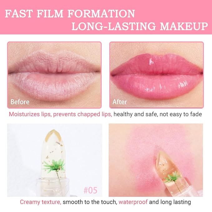 BINGBRUSH Crystal Flower Jelly Color Changing Lipstick,Long Lasting Lip Care Moisturizer Lip Balm Magic Color Change Lip Gloss Lip Tint Stain Matte Makeup Lipstick (05#Green flower)