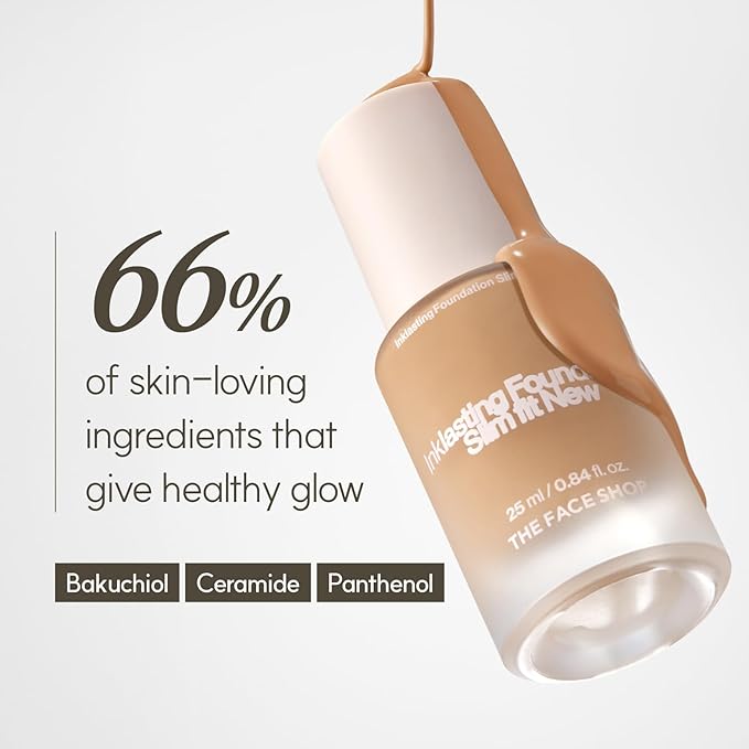 THE FACE SHOP Ink Lasting Liquid Foundation, Full Coverage, 72‑Hour Wear Semi‑Matte Finish, Makeup with Bakuchiol, W120 Cashew, 0.84 Fl. Oz.