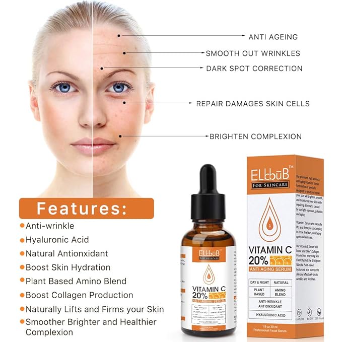 Premium 20% Vitamin C Serum For Face with Hyaluronic Acid, Retinol & Amino Acids - Boost Skin Collagen,Hydrate & Plump Skin, Anti Aging & Wrinkle Facial Serum