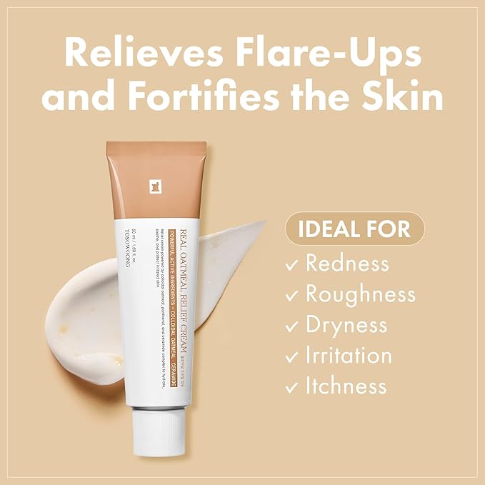 TOSOWOONG Real Oatmeal Relief Cream, Daily Face Moisturizer, Blemish Relief Care, Soothing Recovery, Moisture, Colloidal Oatmeal, Ceramide, Panthenol, Hyaluronic Acid, Korean Skincare 50ml 1.69 fl.oz.