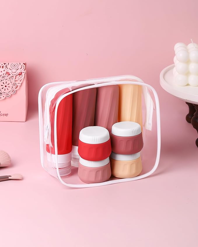 Travel Bottles for Toiletries 8 Pack, Travel Size Toiletries, Tsa Approved Travel Size Containers 3oz, with Travel Essentials Clear Bag, Leak Proof Silicone Squeezable Creams Jars