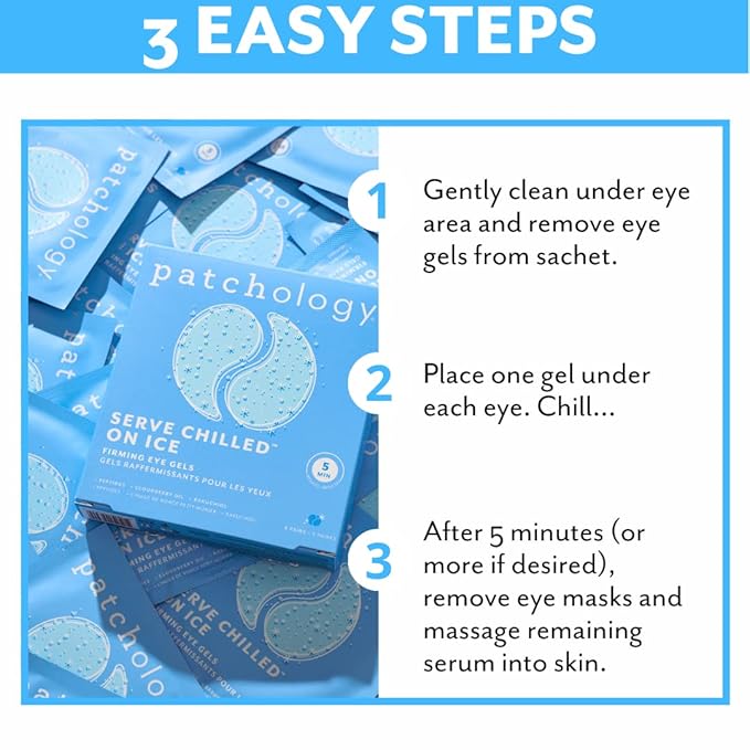 Patchology Iced Cooling Under Eye Mask Patches with Peptides, Cloudberry Oil and Bakuchiol. Cool eye gels to firm skin and soothe, reduce fine lines and under eye bags 5 Pair