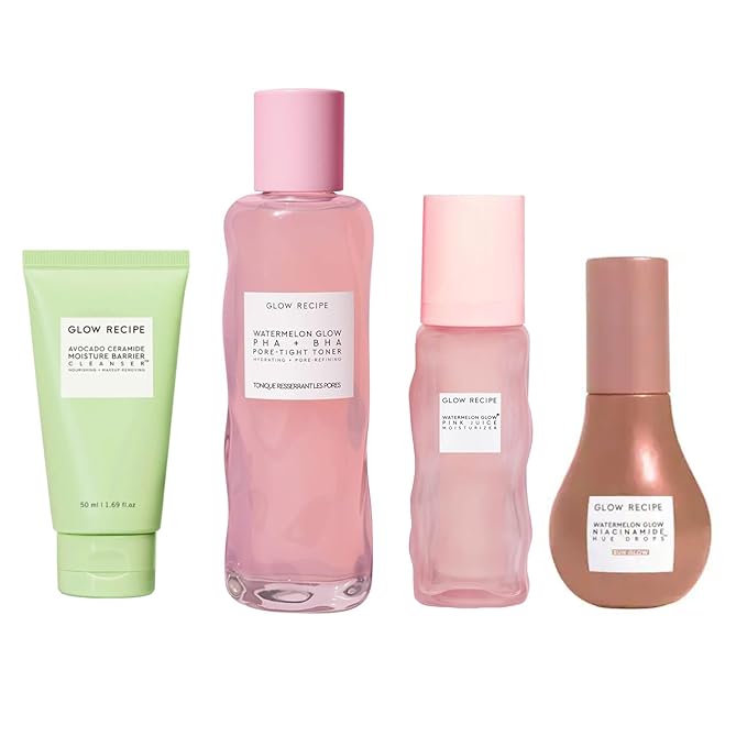Glow Recipe Full-Size Routine Kit - Avocado Cleanser (150ml) + Watermelon BHA+PHA Toner (150ml) + Pink Juice Moisturizer (50ml) + Niacinimide Hue Drops (40ml)
