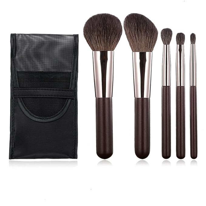 Travel Makeup Brushes Set w/Pouch, Portable 5PCS Professional Mini Cosmetic Brushes Kit for Powder Blush Concealers Contouring Highlighting