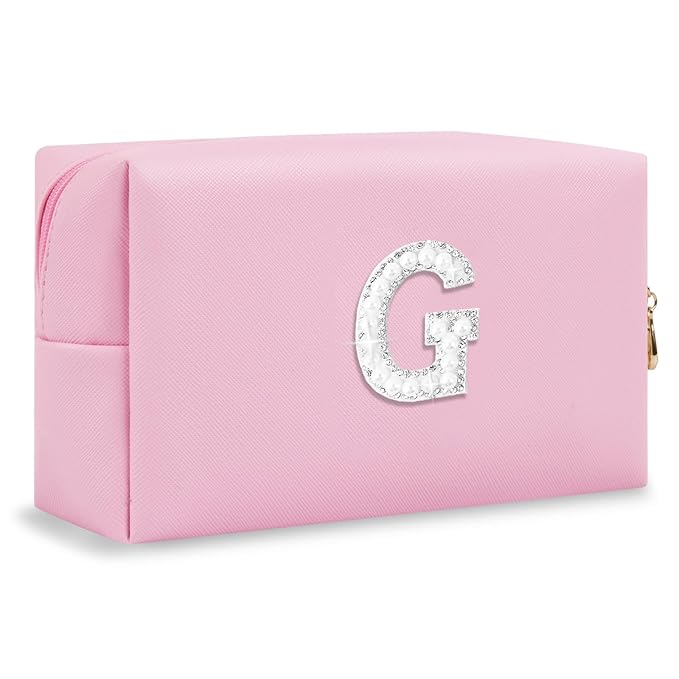 ChaoGreat Bride Gifts – Personalized Initial Makeup Bag with Pearl Rhinestone Patch, Preppy Pink Monogram Cosmetic/Toiletry Pouch, bridesmaid Gifts, Bridal Shower Gifts, Wedding Gifts, Bridal Gifts,G