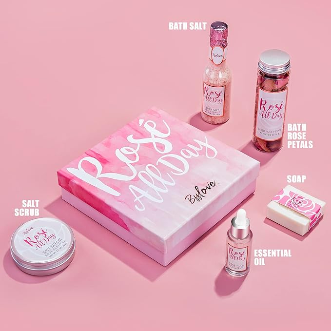Spa Gifts for Women, Gift Set for Women, BFF LOVE 6Pcs Rose Spa Set for Women, Spa Kit with Essential Rose Oil, Bath Salt, Soap, Natural Petals, Christmas Gifts for Mom