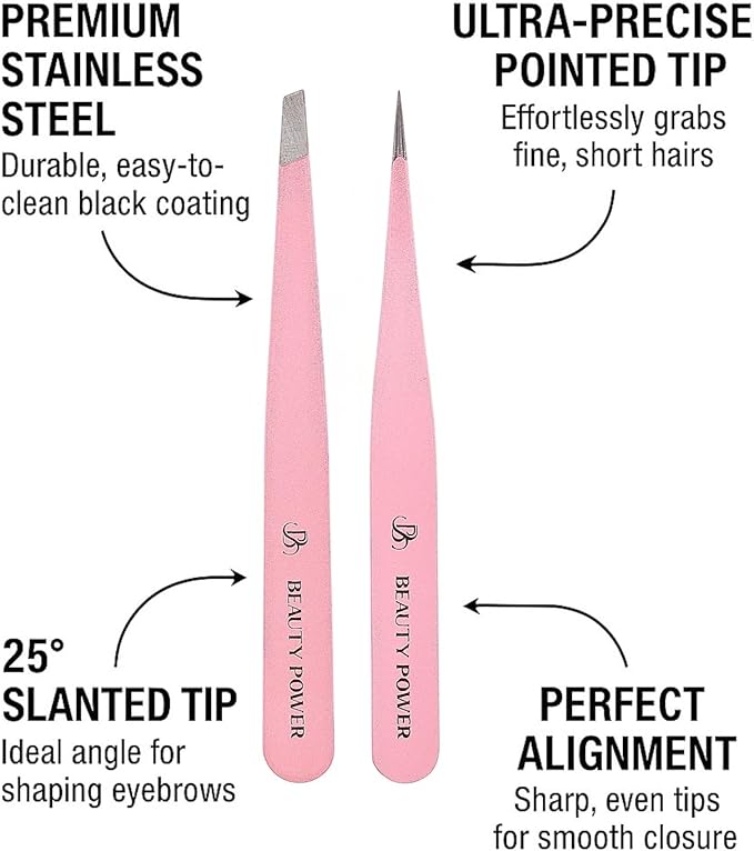 Professional Tweezers Set – Slant & Point, Ultra Precision German Stainless Steel Tweezers for Eyebrows, Chin, Ingrown Hair & Facial Grooming – Lightweight with Travel Case (Pink)