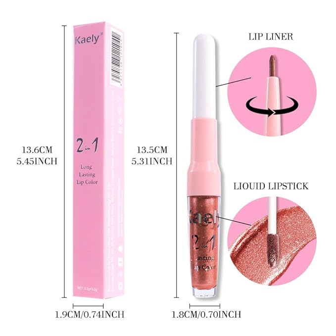 Kaely 2-in-1 Copper Metallic Lipstick and Lip Liner, Shimmer Liquid Metallic Lipsticks for Women, Glitter Lip Gloss Stain Long Lasting Waterproof Smudge Proof 24 Hour, Vegan Makeup, 20