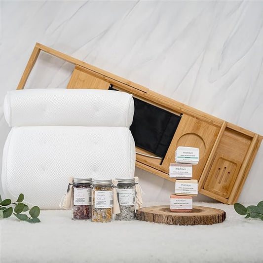 Luxurious Bath Gift Set for Women: Bamboo Bathtub Tray Caddy, Bath Spa Pillow, Bath Bombs & Bath Salts - Ultimate Spa Day Gifts for Women, Relaxation Gift Basket for Moms & Self Care