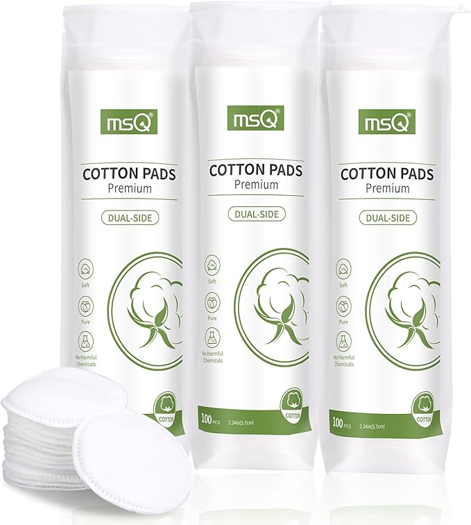 MSQ Cotton Rounds Makeup Remover Pads 300 Count Cotton Facial Cleansing Round Cotton Pads Lint-Free,Hypoallergenic (Pack of 3)