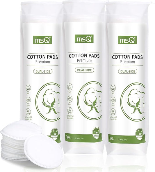 MSQ Cotton Rounds Makeup Remover Pads 300 Count Cotton Facial Cleansing Round Cotton Pads Lint-Free,Hypoallergenic (Pack of 3)