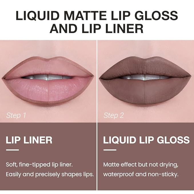 AMY'S DIARY 2pcs Taupe Lip Liner & Lipstick Makeup Set, Liquid Lipstick 24H and Lip Liner Set Matt Liquid Lips Make Up Waterproof Long Lasting (04#, 2 Pcs Set)