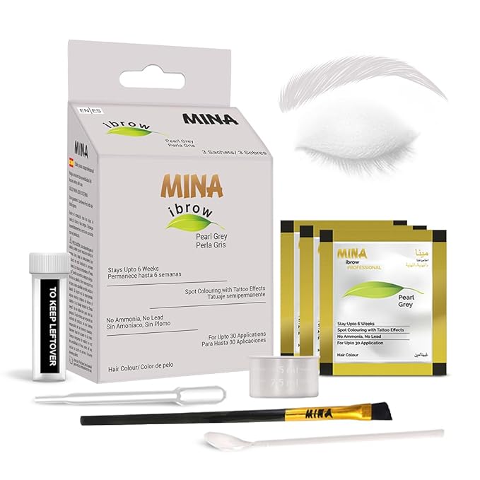 MINA ibrow Henna Professional Tint Kit With Brush Combo Pack | Long Lasting Upto 6 weeks | Spot Colouring Effects | Upto 30 Applications (Pearl Grey)