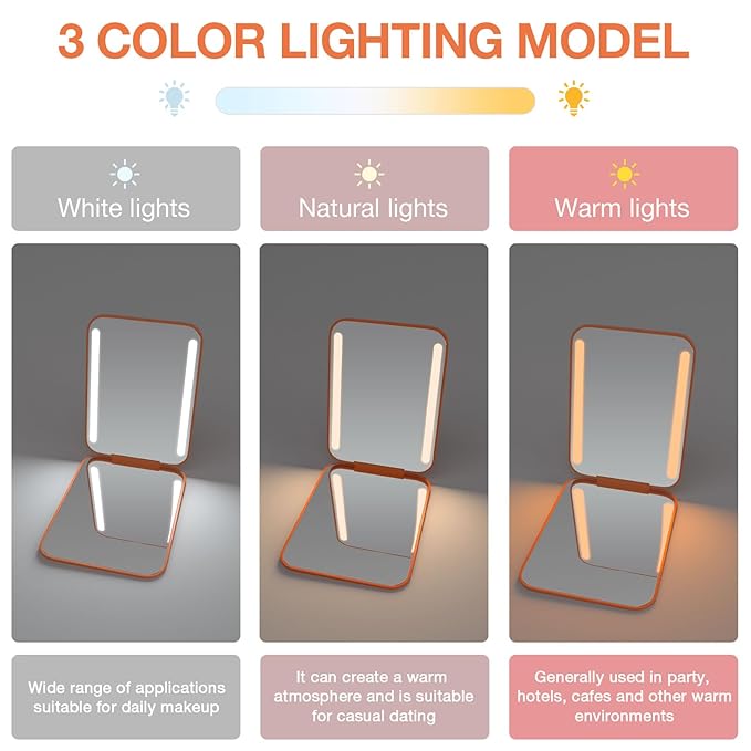 Kintion Rechargeable Pocket Mirror, Double Sided 1X/3X Magnification Compact Vanity Mirror, 3 Color Lights, Dimmable, Small Portable Wallet Mirror, Lighted Travel Mirror for Women Gifts, Orange