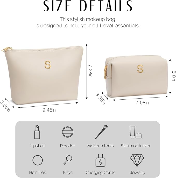 Women Gifts | Initial Makeup Bag Set for Girl Personalized Gifts for Bridesmaid Friend Graduation Teachers PU Leather Cosmetic Travel Toiletry Bag(Beige,S)